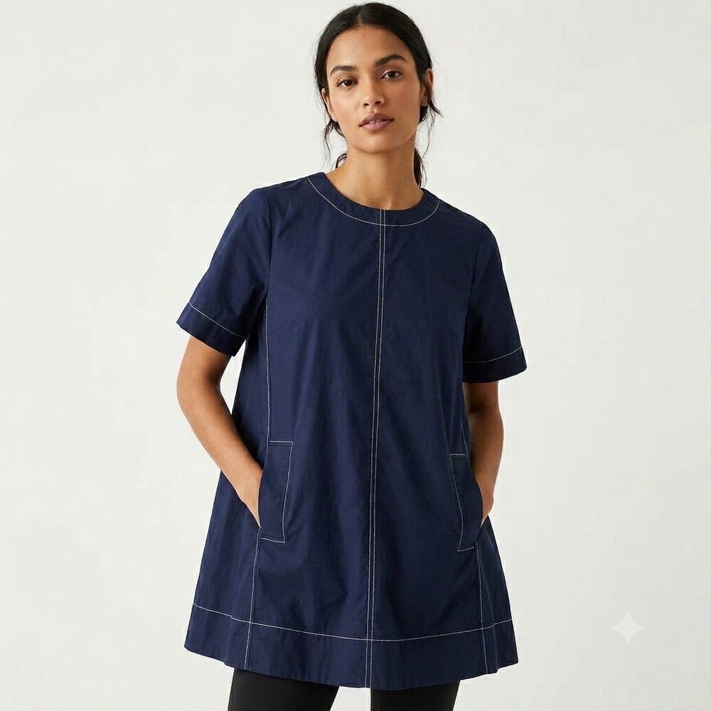 Maeve Anthropologie Navy Cotton Contrast Stitch Boxy Babydoll Blouse Top Size XS